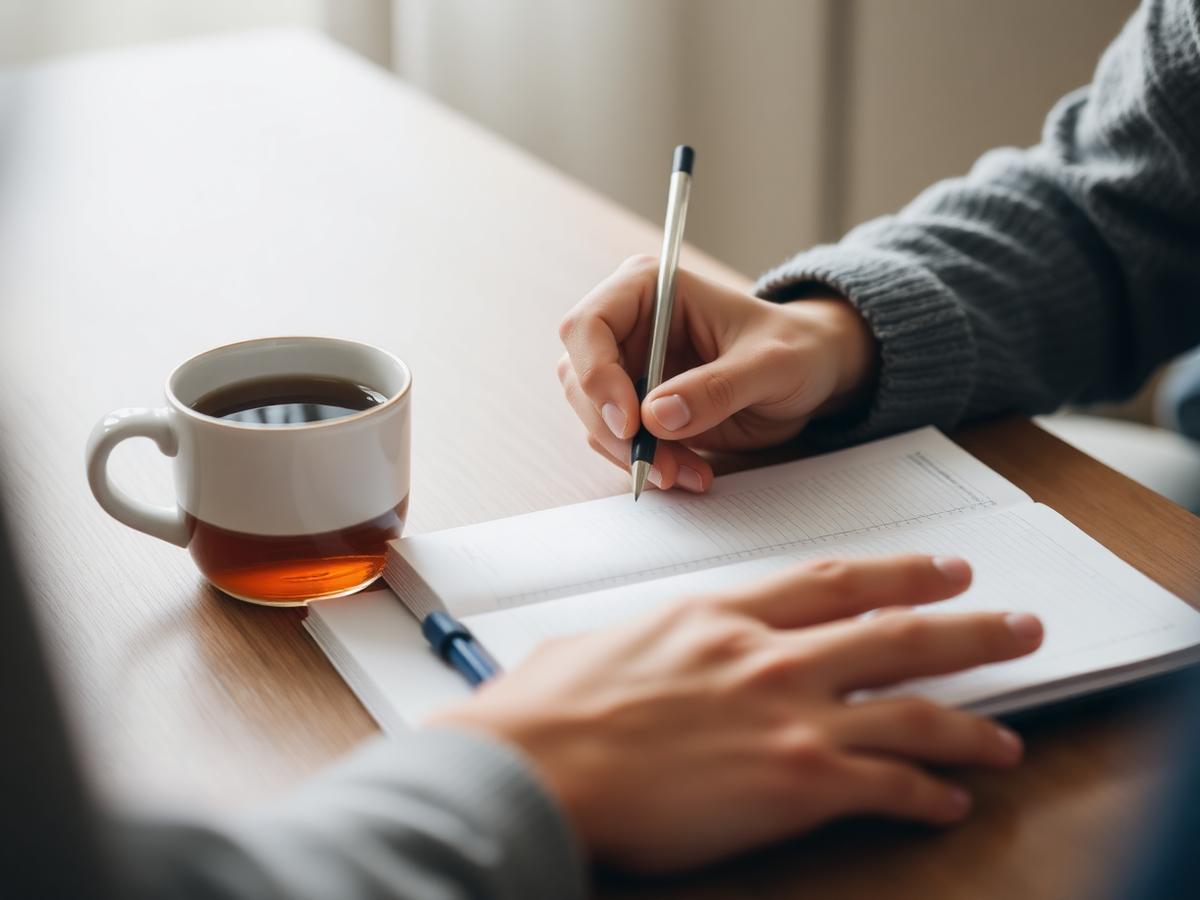 Mains prenant des notes dans un carnet à côté d'une tasse